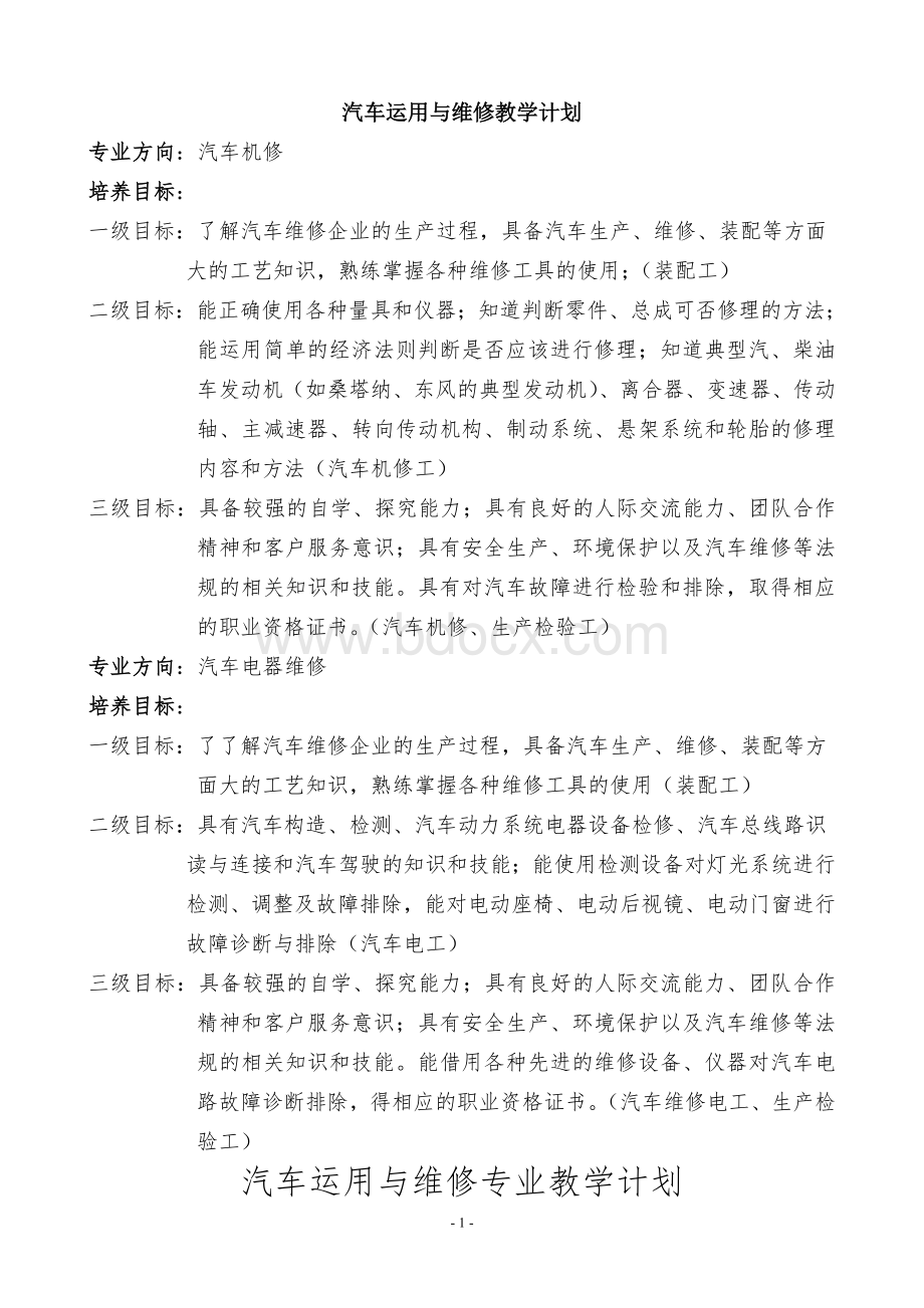 汽车运用与维修教学计划Word下载.doc