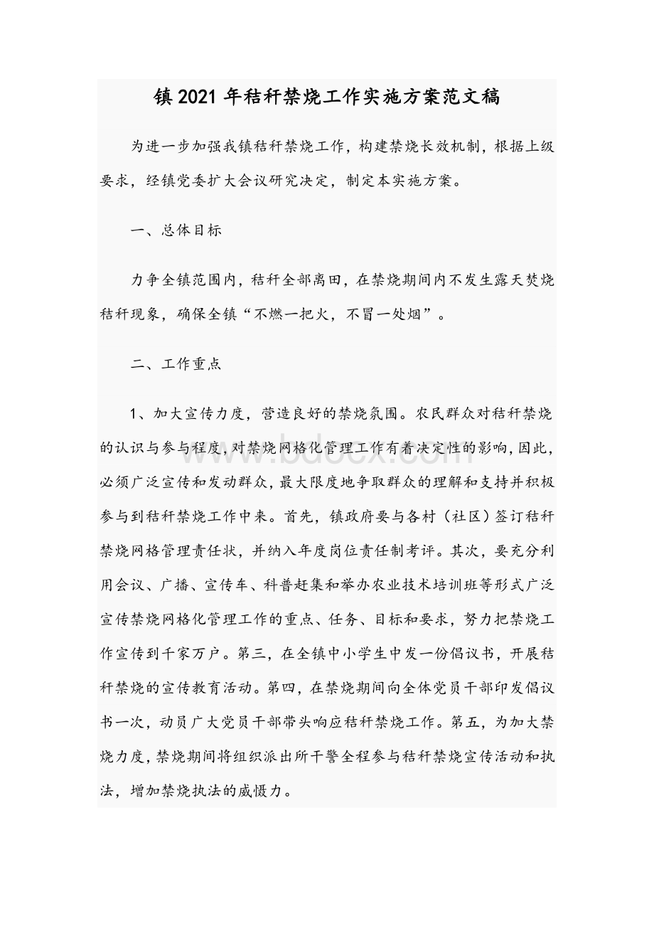 镇2021年秸秆禁烧工作实施方案文稿Word文档下载推荐.docx