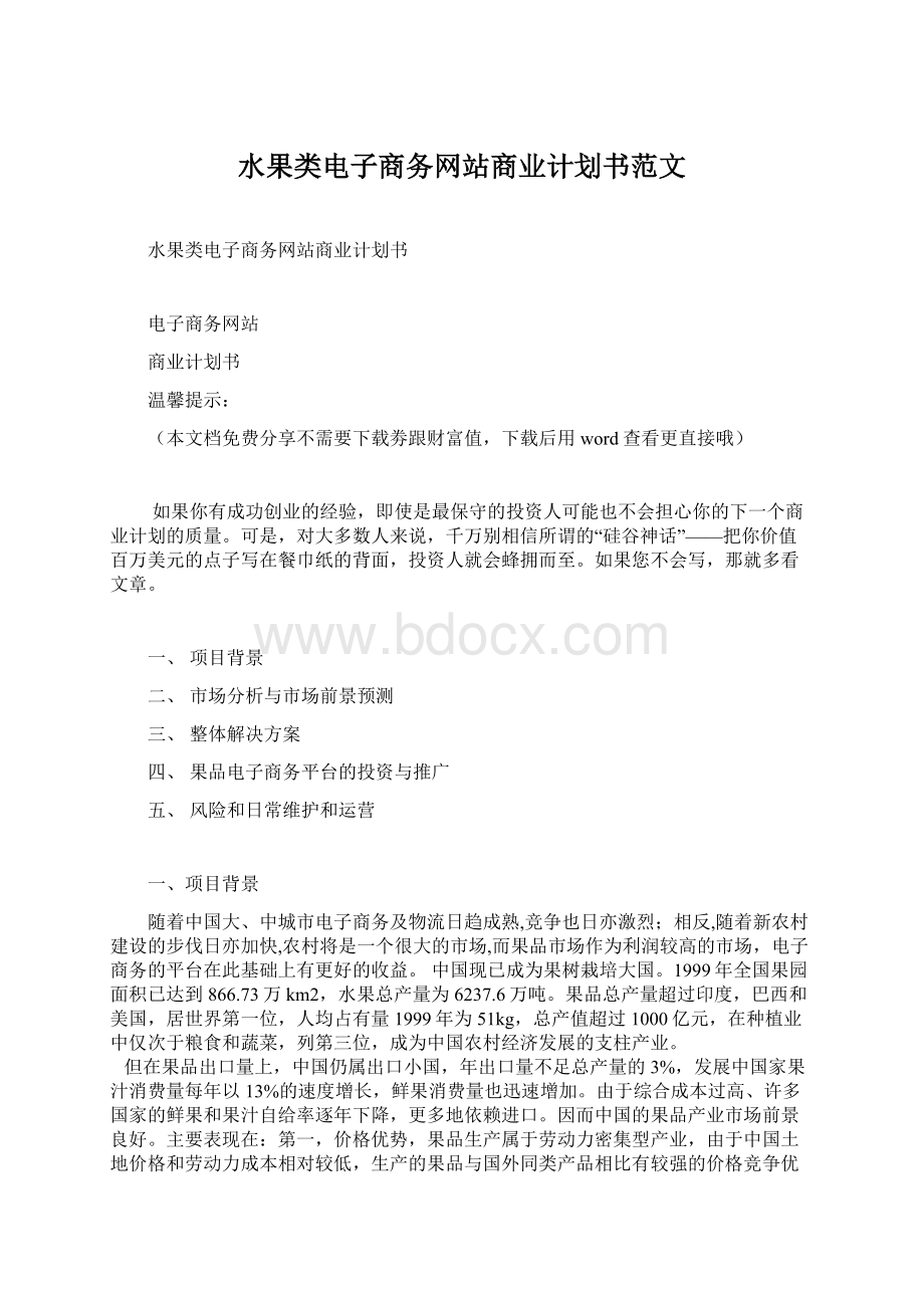 水果类电子商务网站商业计划书范文Word格式.docx