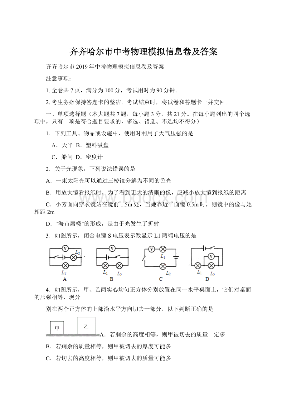 齐齐哈尔市中考物理模拟信息卷及答案.docx