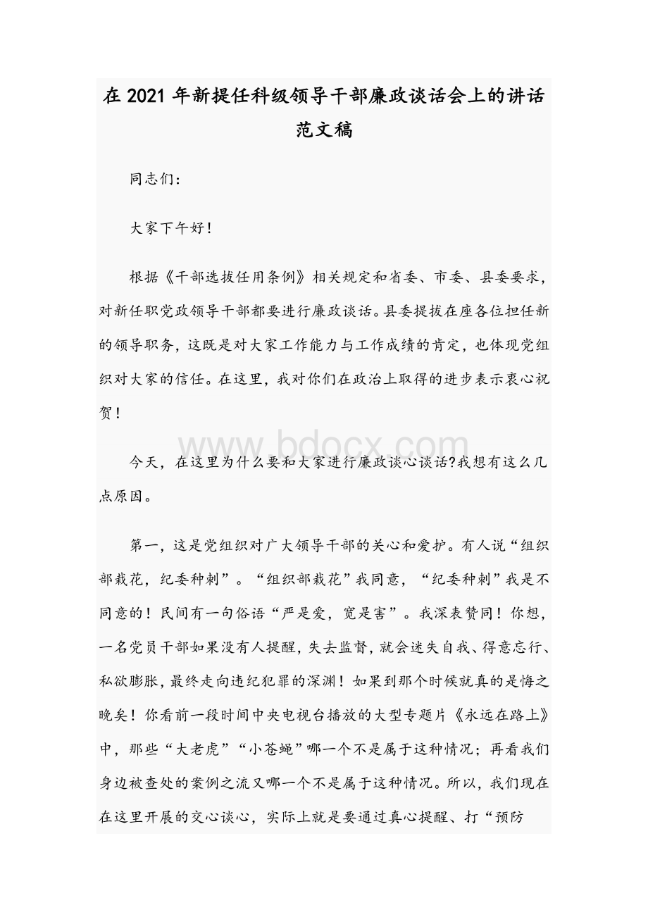 在2021年新提任科级领导干部廉政谈话会上的讲话文稿Word下载.docx