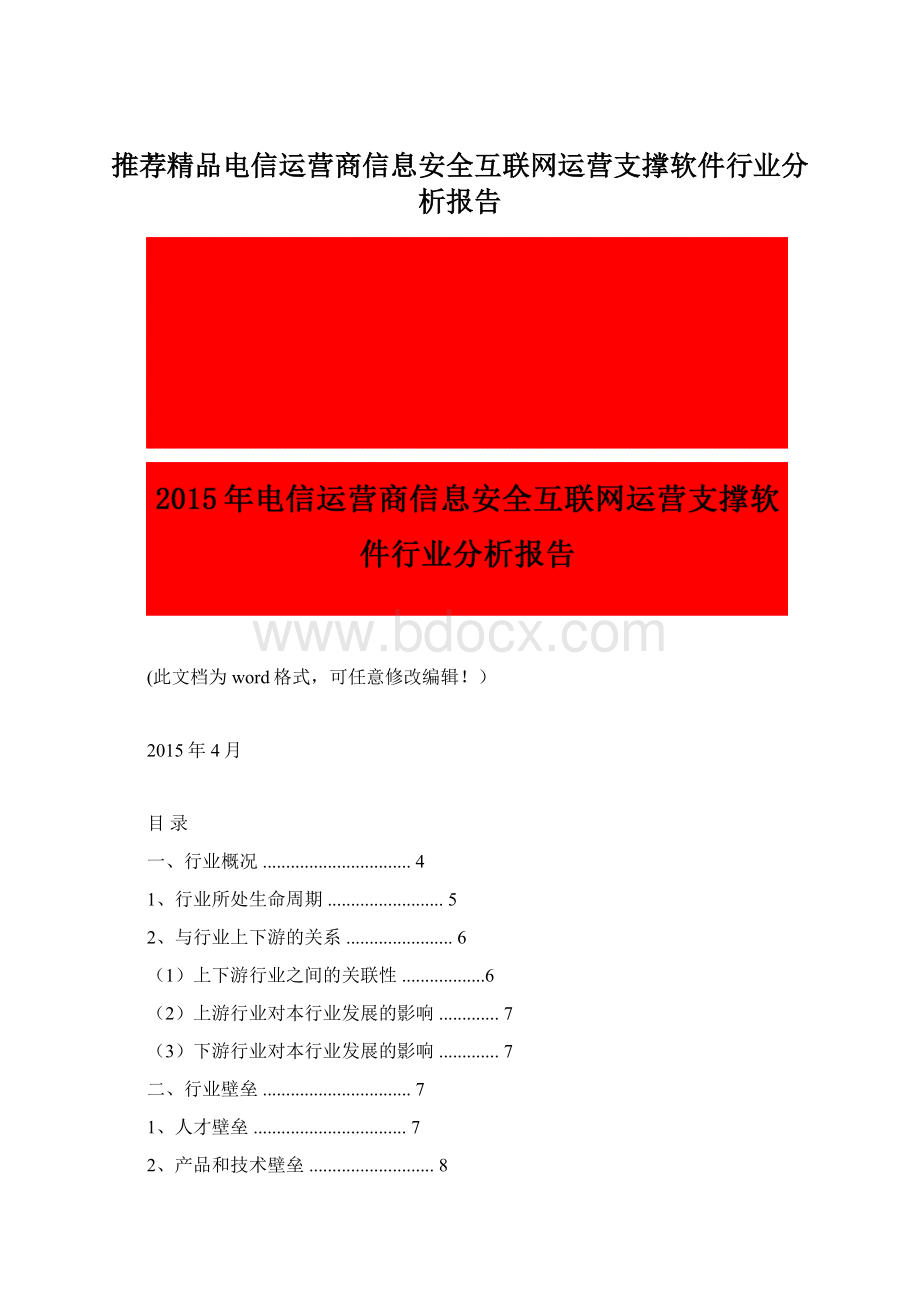 推荐精品电信运营商信息安全互联网运营支撑软件行业分析报告Word文档格式.docx