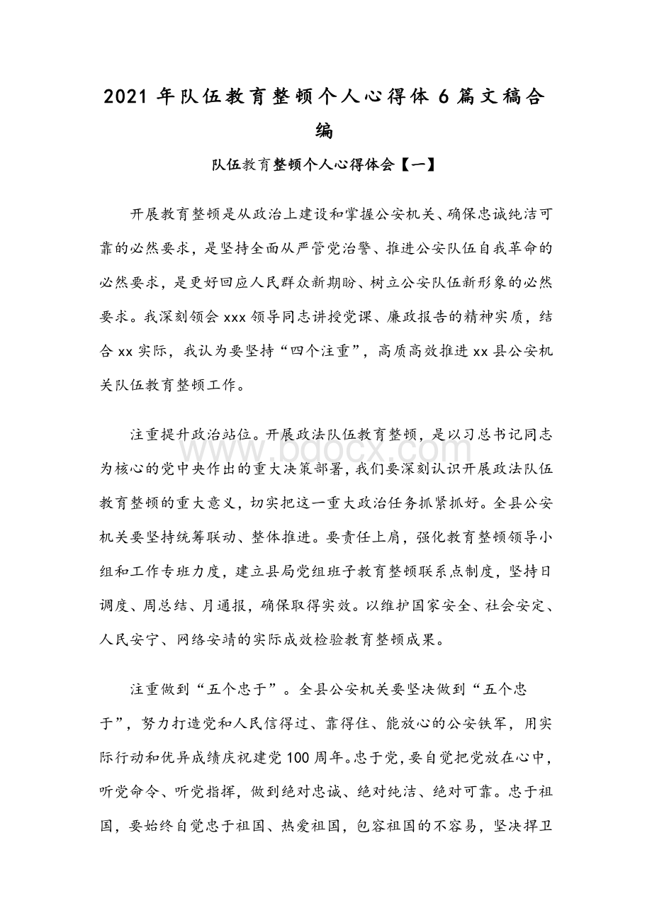 2021年队伍教育整顿个人心得体6篇文稿合编Word格式.docx