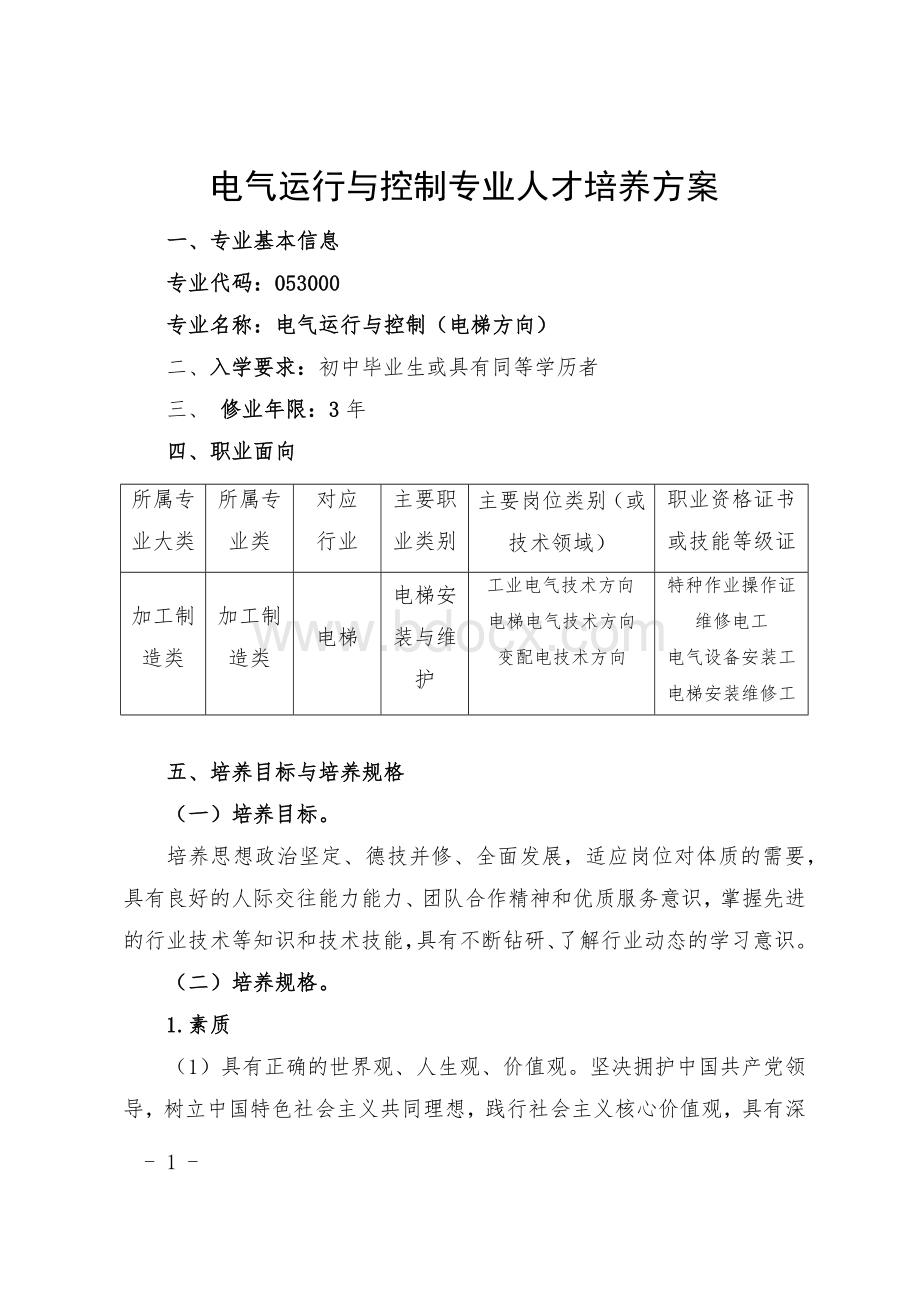 电气运行与控制专业(电梯方向)专业人才培养方案(2.5)(1)(2).docx_第1页