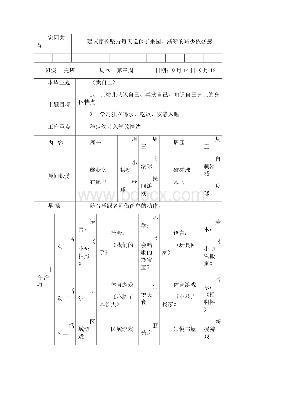 托班第一学期周教学计划 1周Word文档下载推荐.docx_第3页