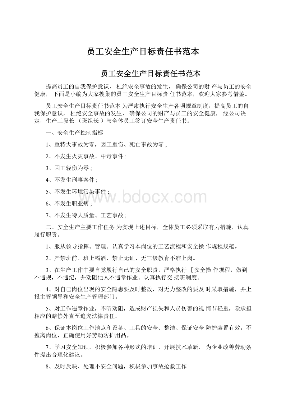 员工安全生产目标责任书范本文档格式.docx_第1页