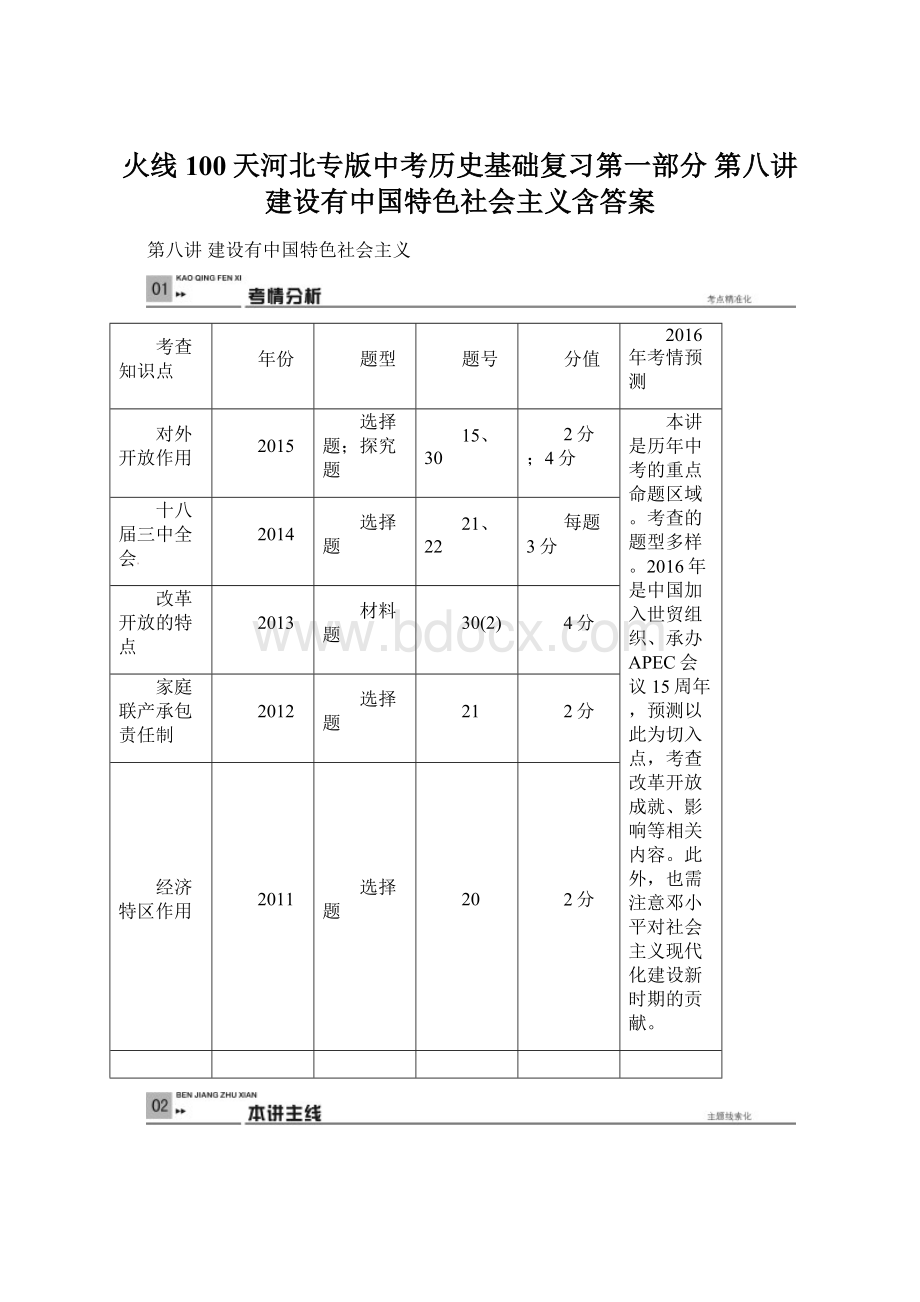 火线100天河北专版中考历史基础复习第一部分 第八讲 建设有中国特色社会主义含答案Word文档下载推荐.docx