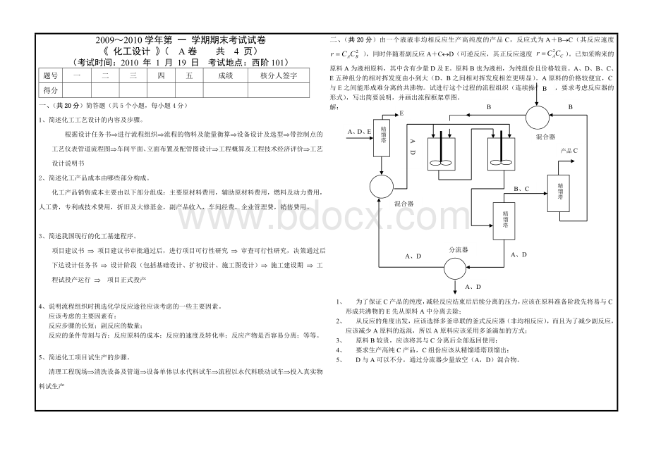 化工设计期末考试试卷[A]答案.doc_第1页