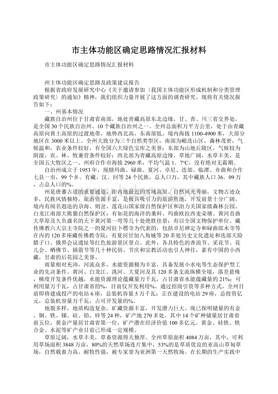 市主体功能区确定思路情况汇报材料Word文档格式.docx