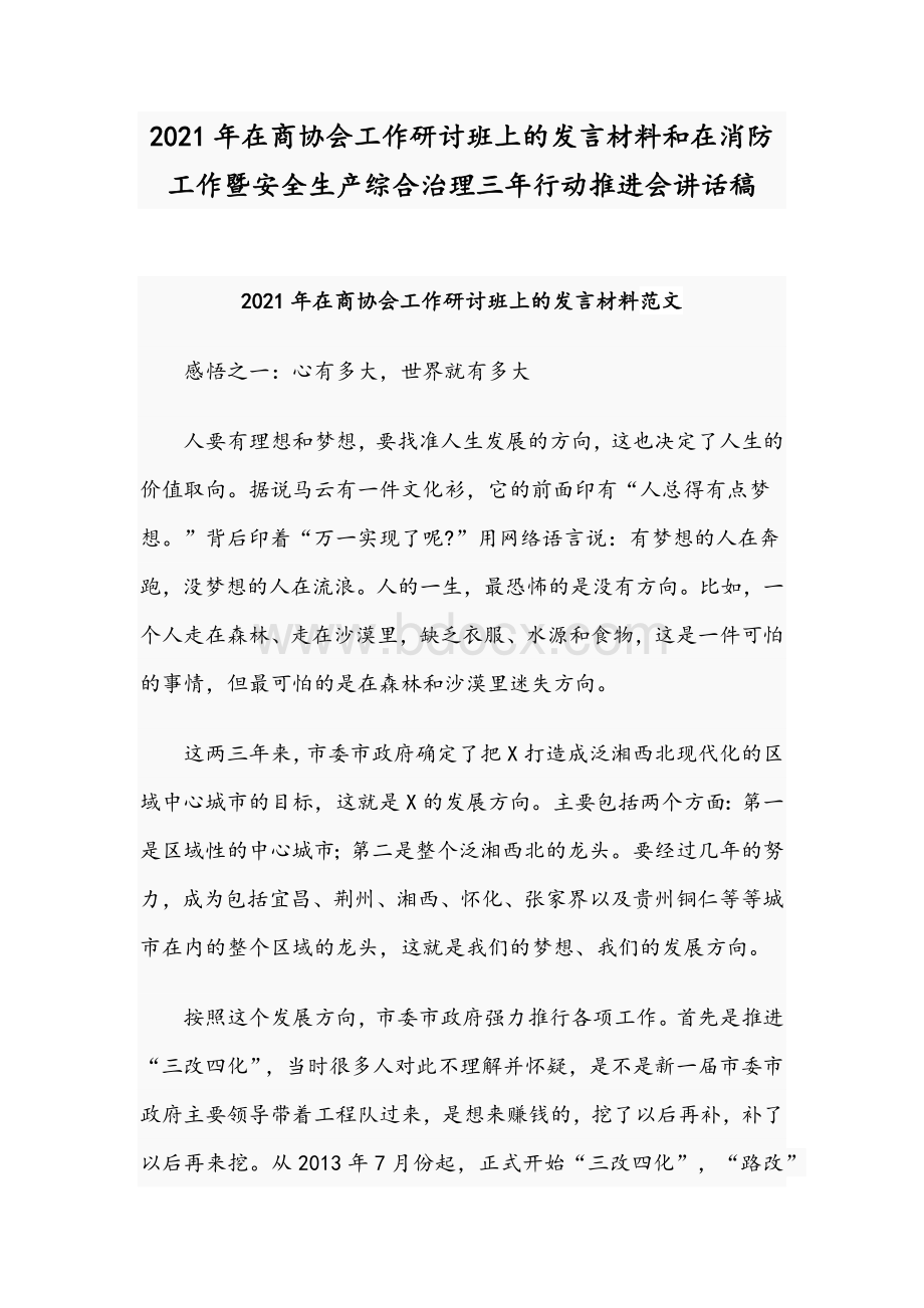 2021年在商协会工作研讨班上的发言材料和在消防工作暨安全生产综合治理三年行动推进会讲话稿Word下载.docx_第1页