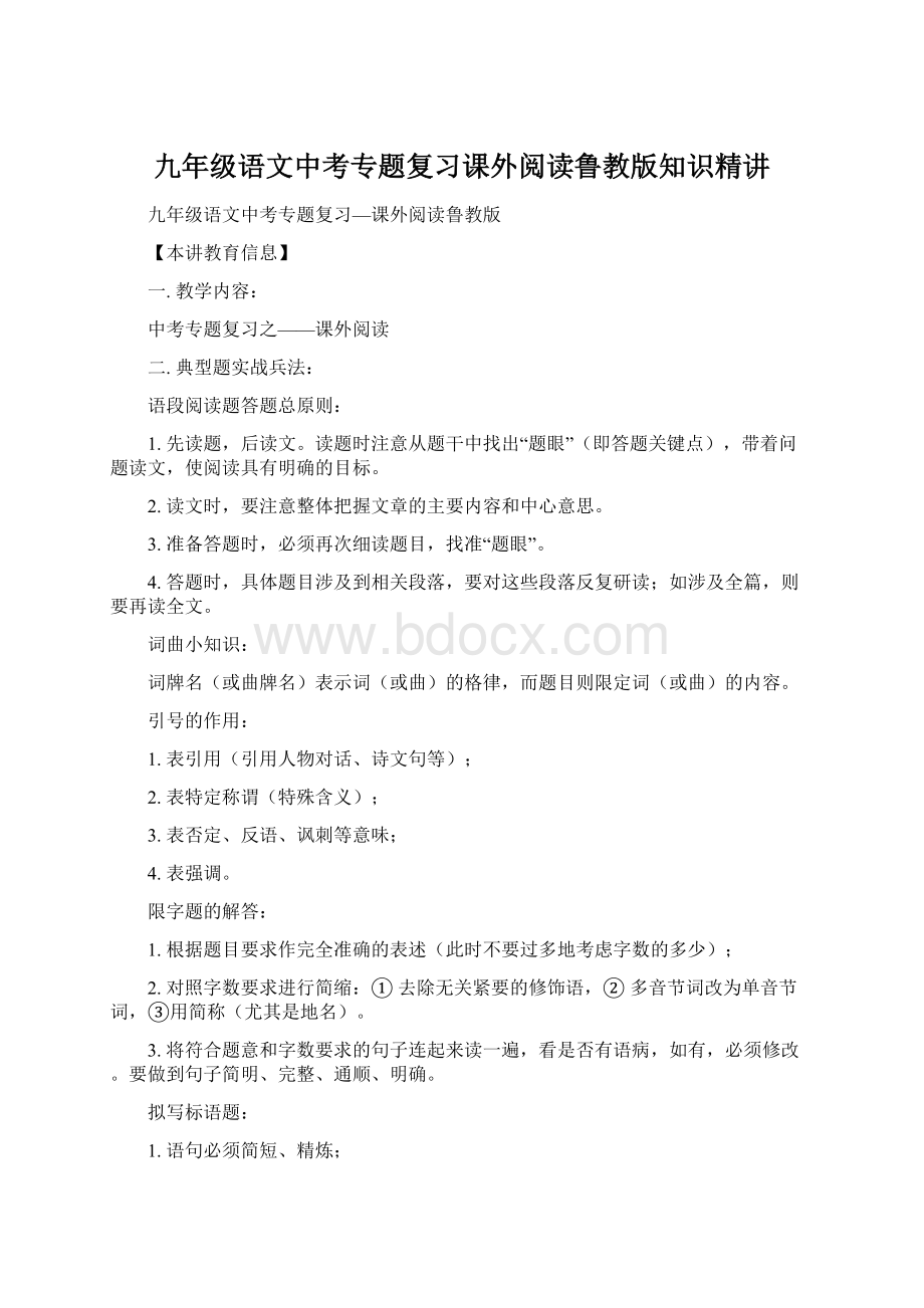 九年级语文中考专题复习课外阅读鲁教版知识精讲.docx