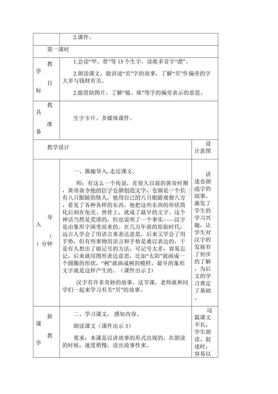 春部编版二年级语文下册第三单元识字3《贝的故事》教案表格式+教学设计+学案.docx_第2页