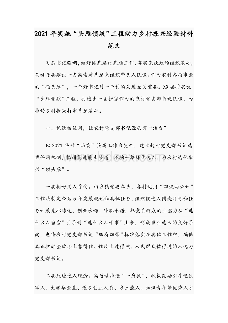 2021年实施“头雁领航”工程助力乡村振兴经验材料范文Word文件下载.docx