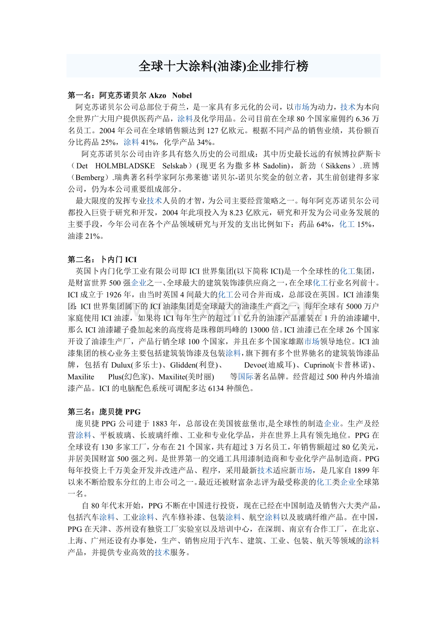 全球十大涂料(油漆)企业排行榜Word文件下载.doc