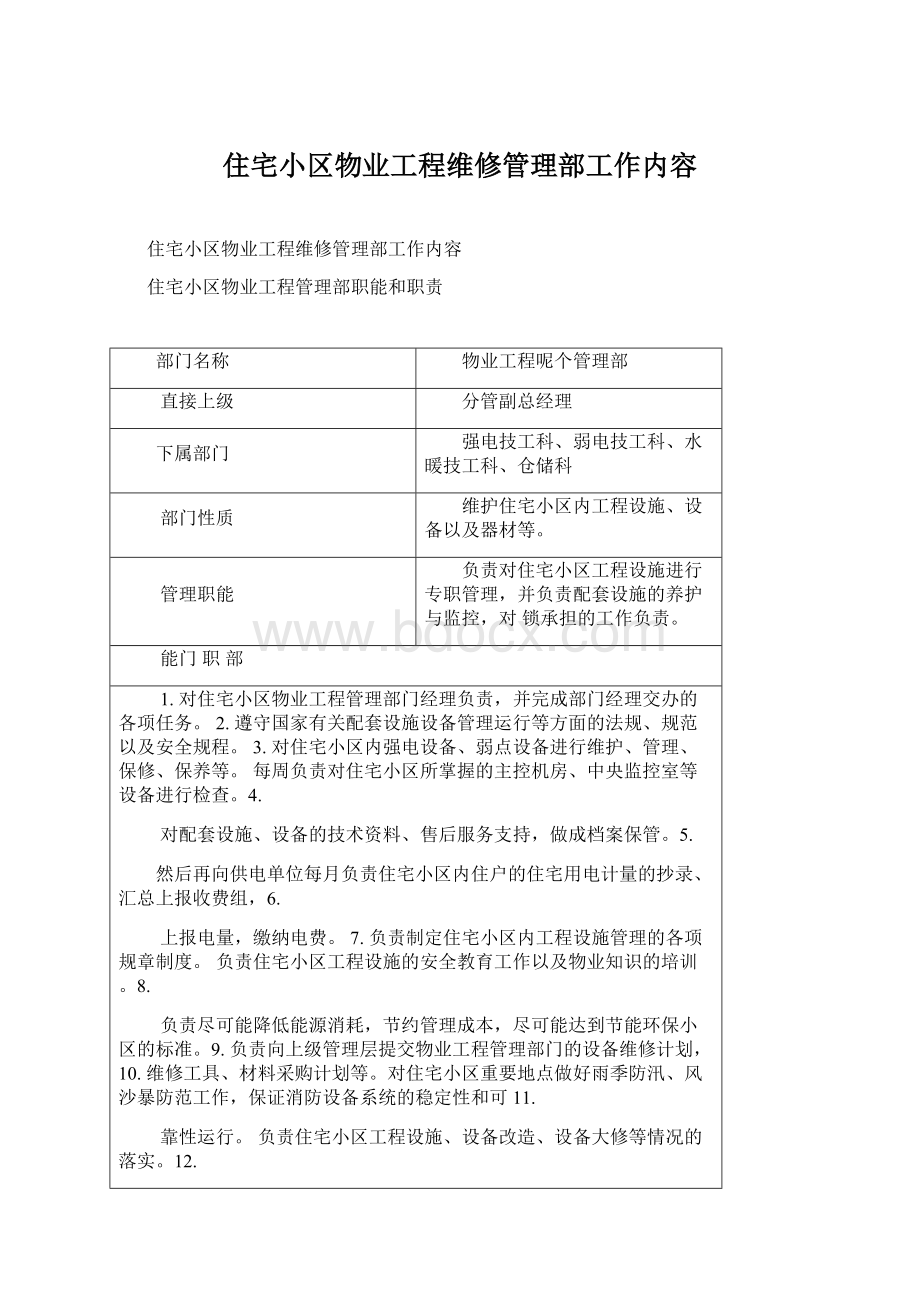 住宅小区物业工程维修管理部工作内容Word格式文档下载.docx_第1页