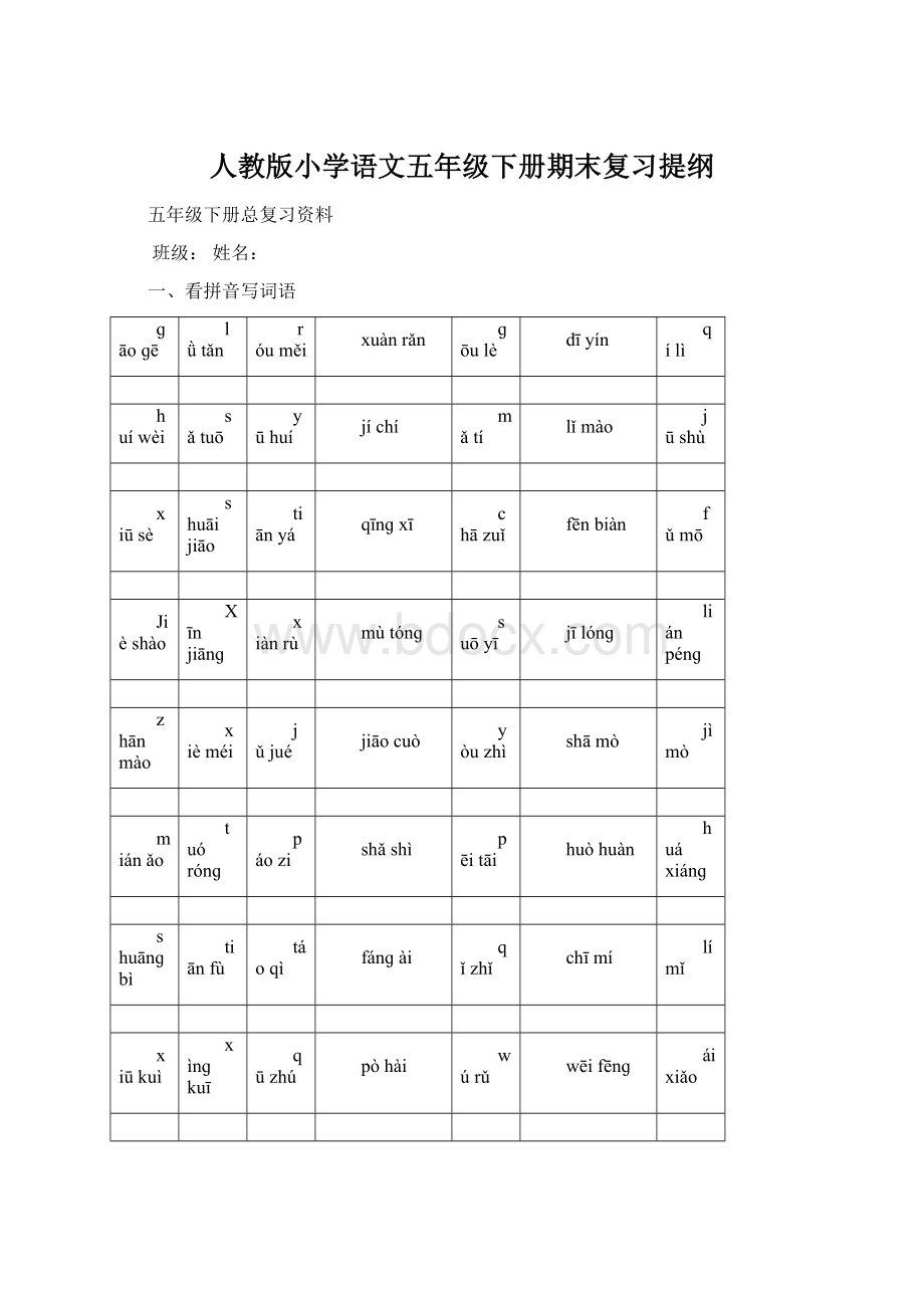 人教版小学语文五年级下册期末复习提纲.docx_第1页