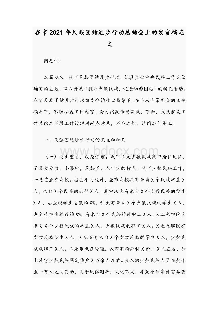 在市2021年民族团结进步行动总结会上的发言稿范文.docx