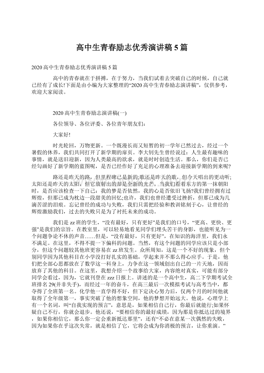 高中生青春励志优秀演讲稿5篇Word格式文档下载.docx