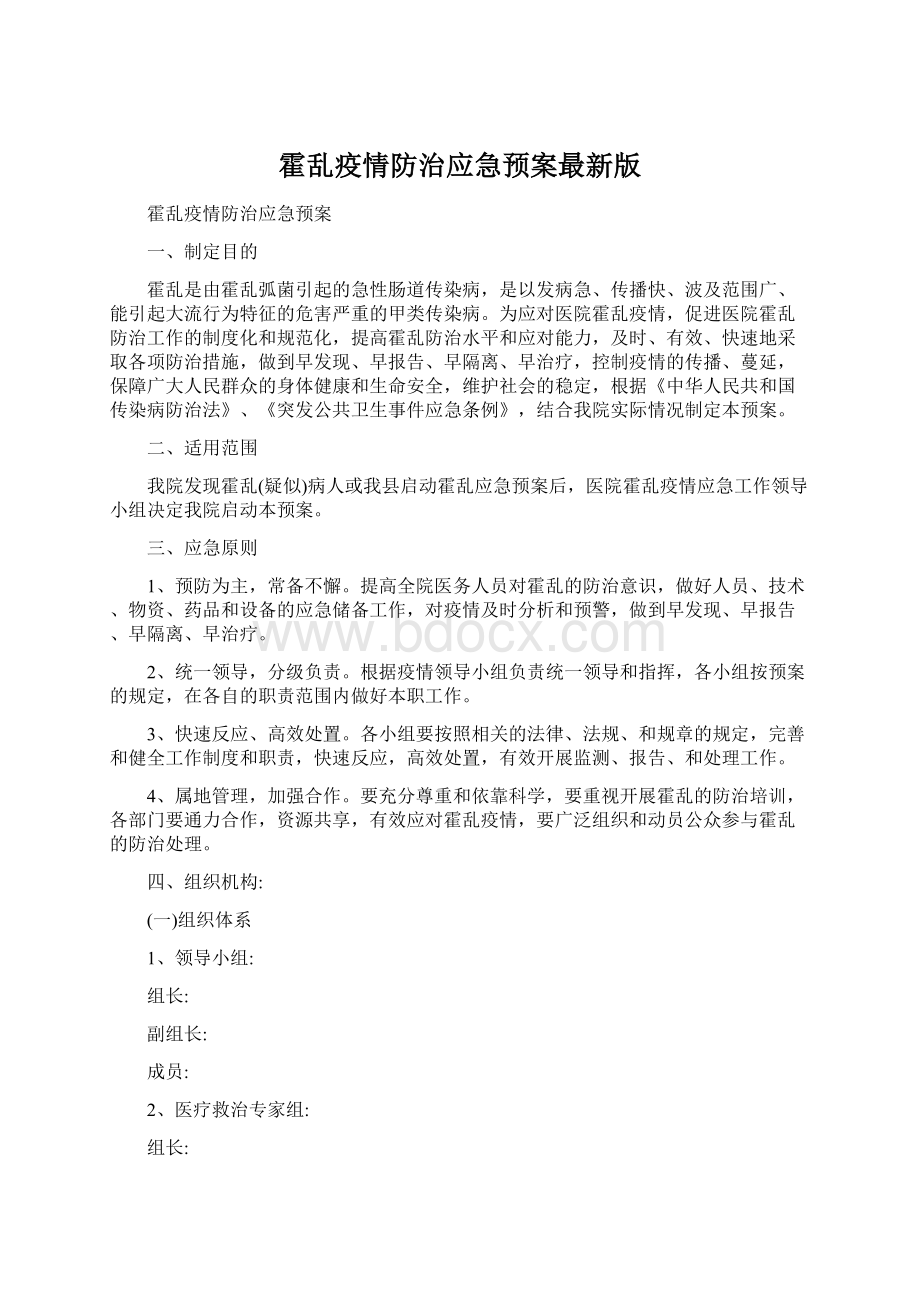 霍乱疫情防治应急预案最新版文档格式.docx