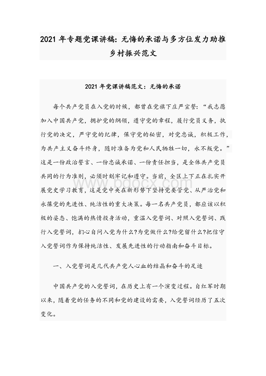 2021年专题党课讲稿：无悔的承诺与多方位发力助推乡村振兴范文.docx