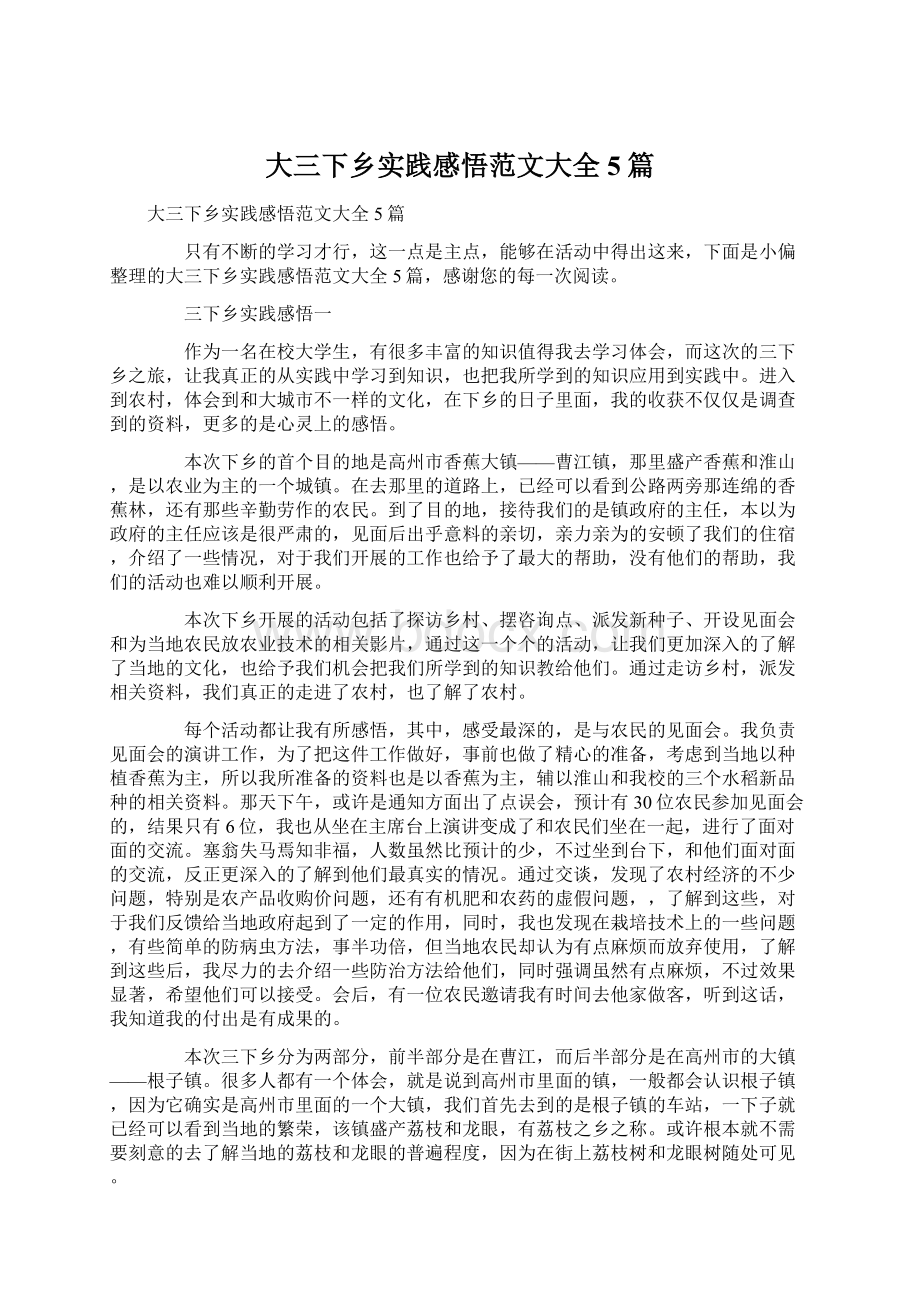 大三下乡实践感悟范文大全5篇Word文档下载推荐.docx_第1页