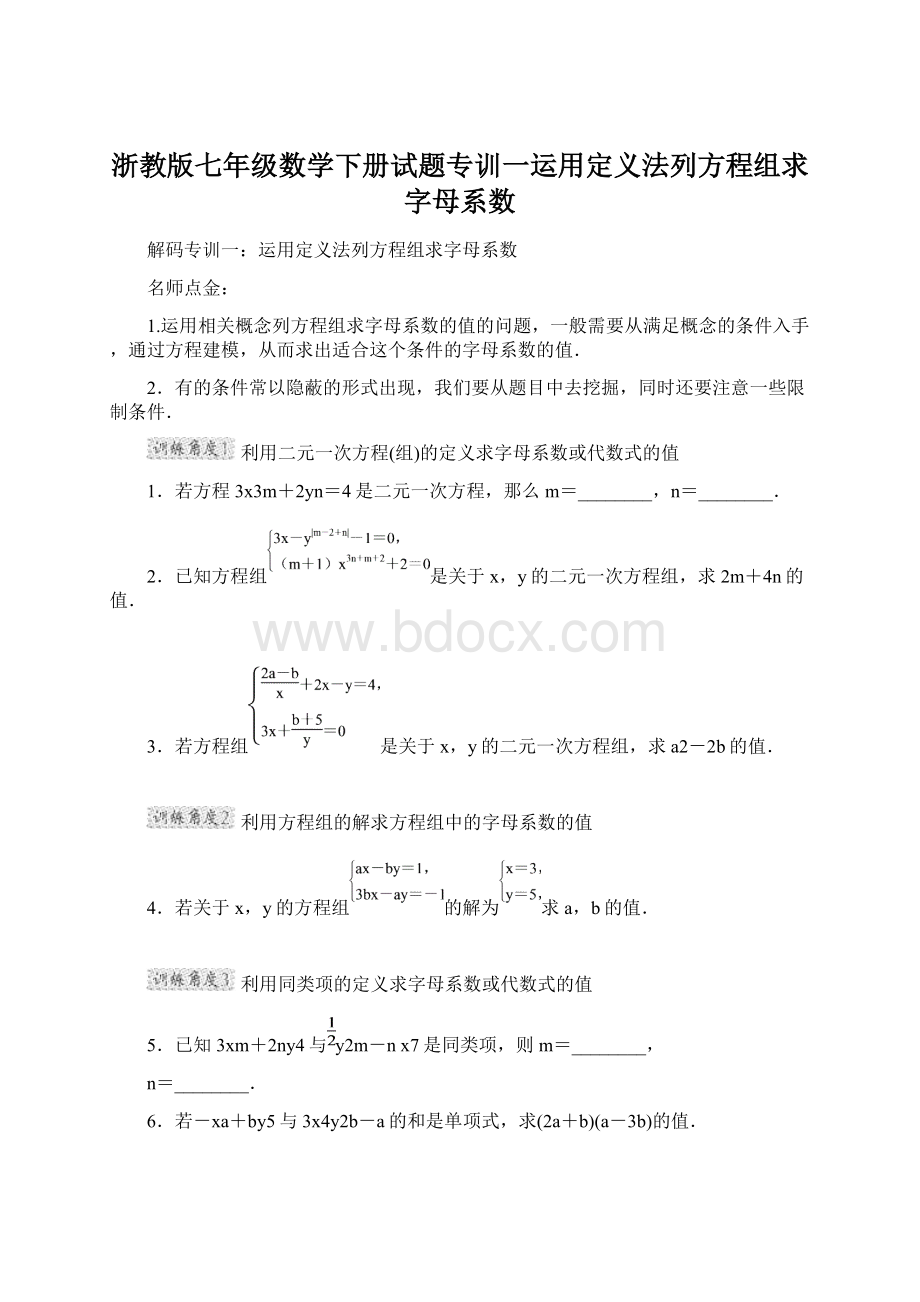 浙教版七年级数学下册试题专训一运用定义法列方程组求字母系数.docx