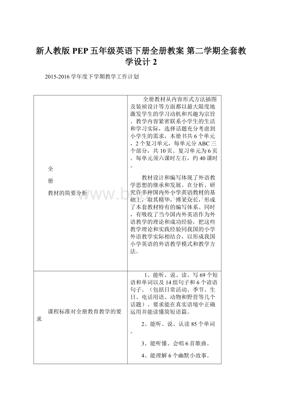 新人教版PEP五年级英语下册全册教案 第二学期全套教学设计 2Word下载.docx