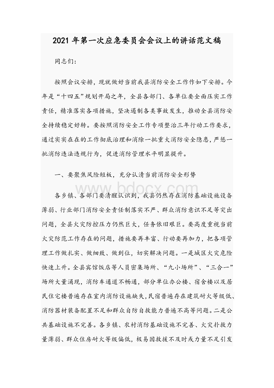 2021年第一次应急委员会会议上的讲话范文稿Word格式文档下载.docx_第1页