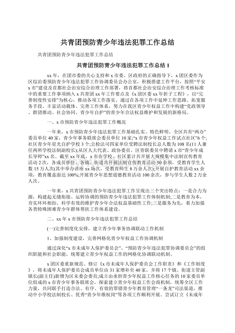 共青团预防青少年违法犯罪工作总结Word文件下载.docx