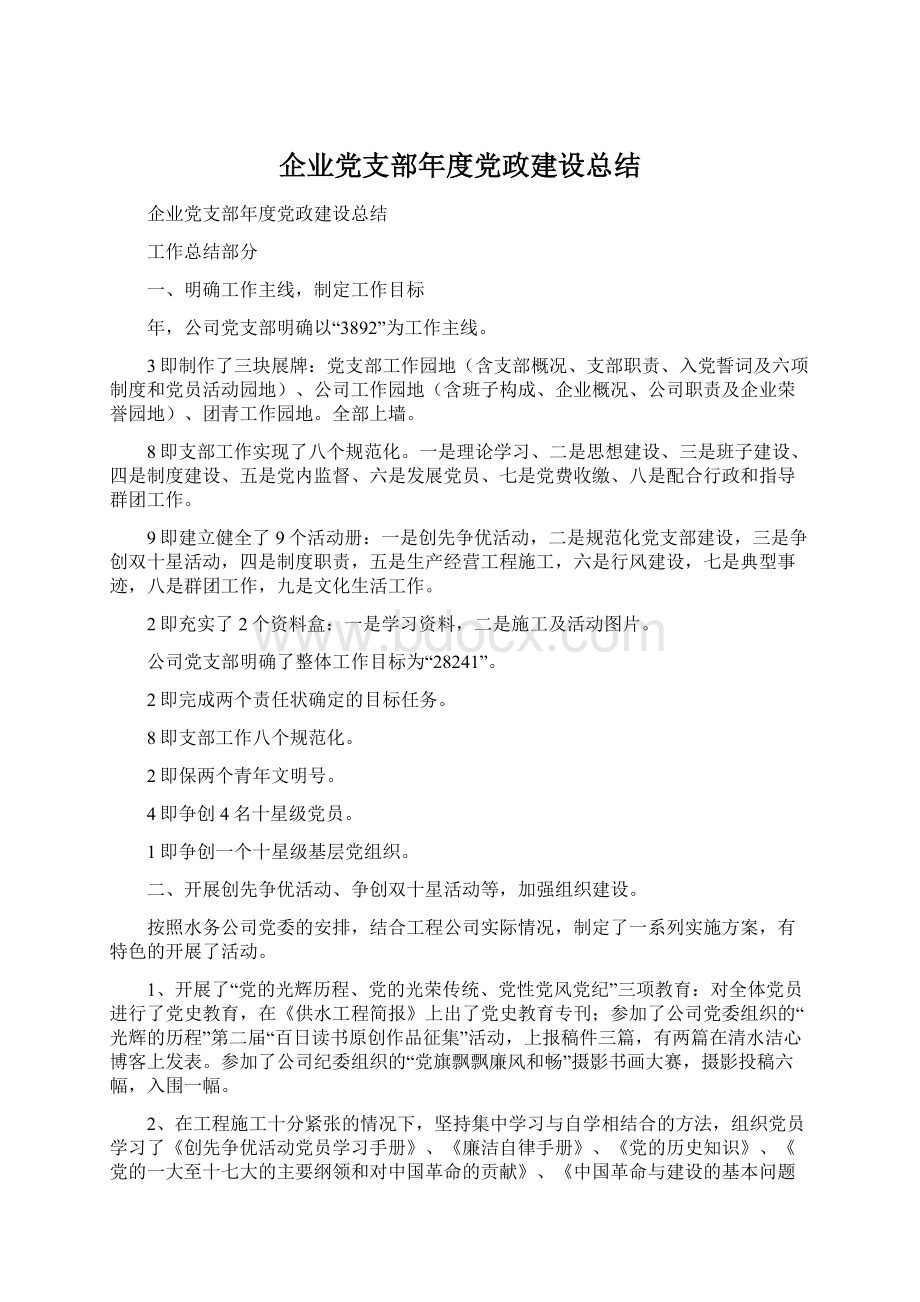 企业党支部年度党政建设总结Word文档格式.docx