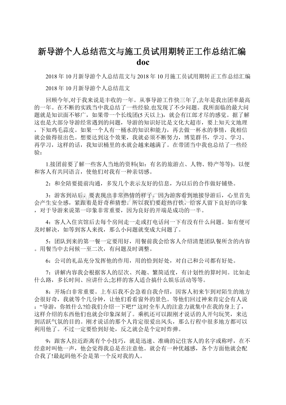 新导游个人总结范文与施工员试用期转正工作总结汇编doc.docx_第1页