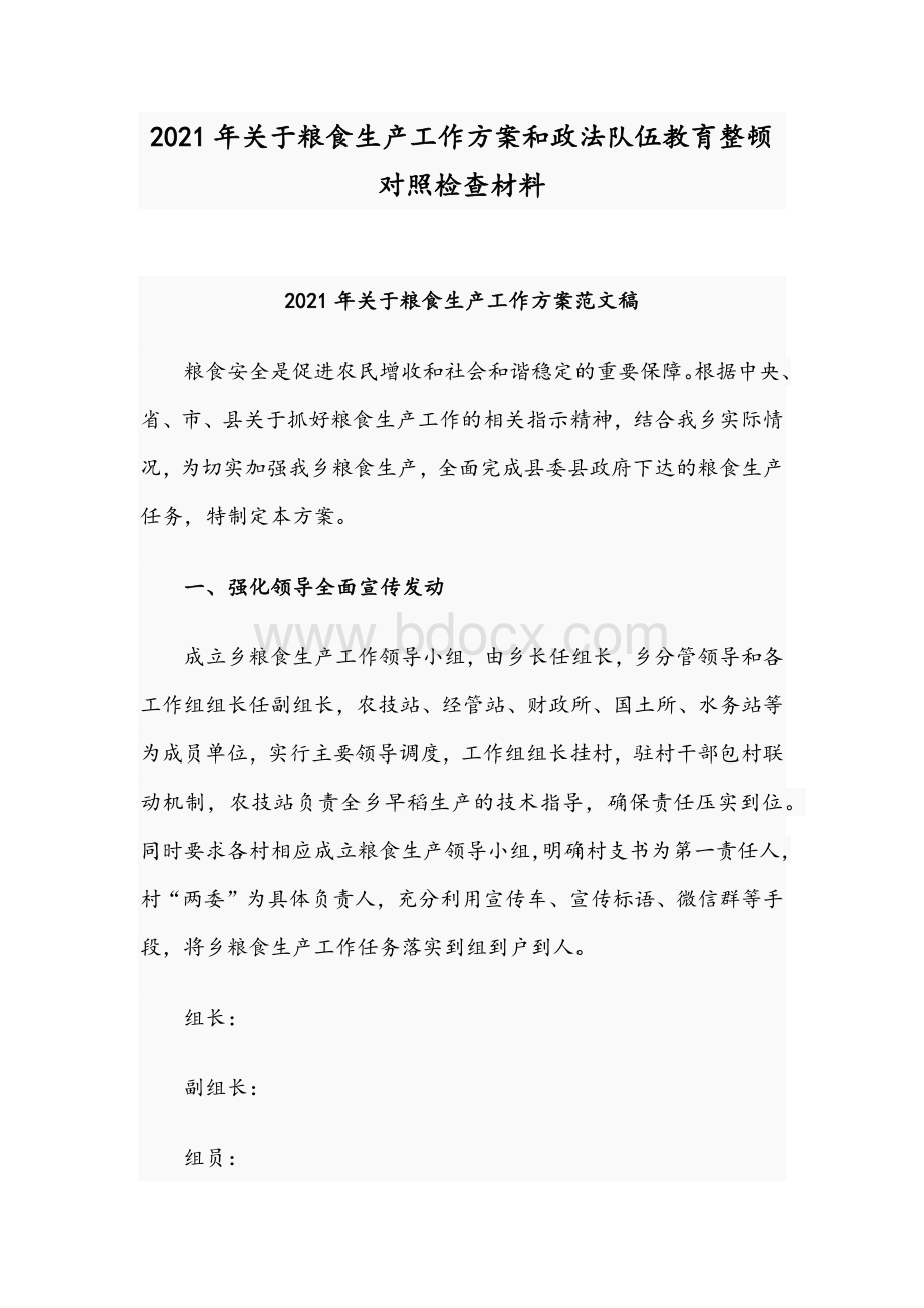 2021年关于粮食生产工作方案和政法队伍教育整顿对照检查材料文档格式.docx