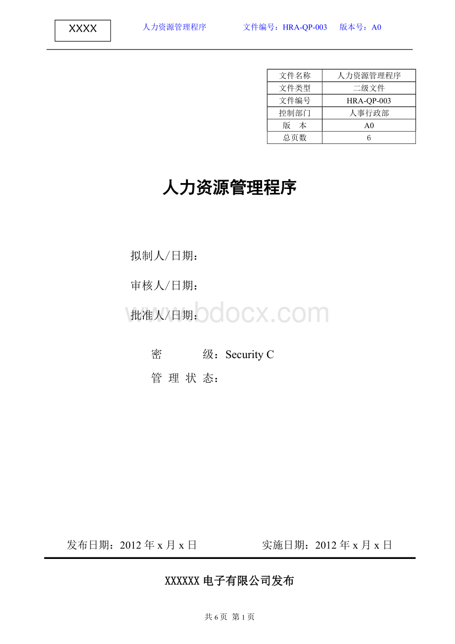 HRA-QP-003人力资源管理程序.doc