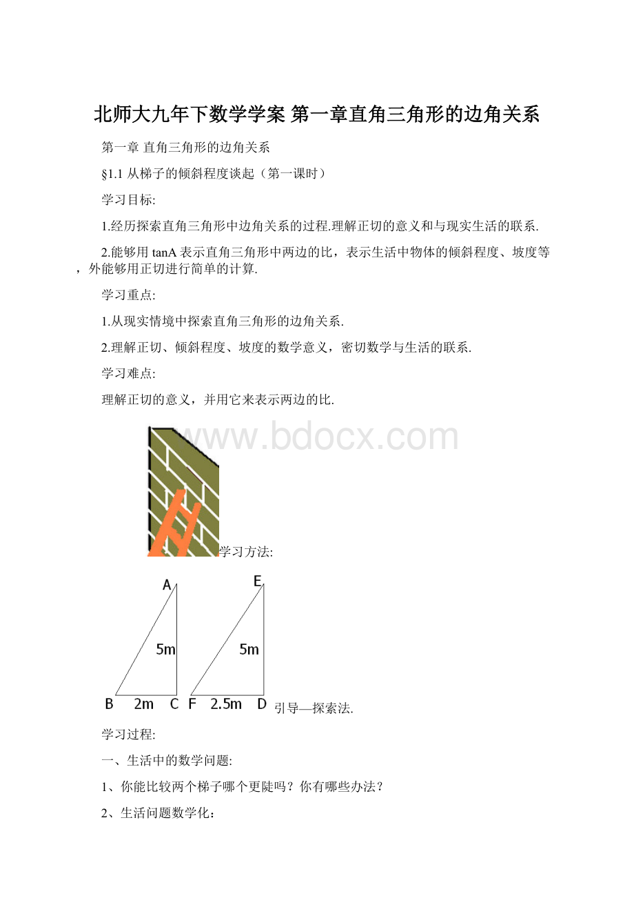 北师大九年下数学学案第一章直角三角形的边角关系.docx