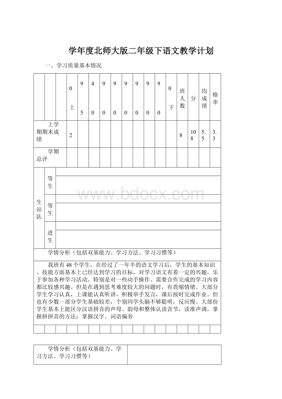 学年度北师大版二年级下语文教学计划Word格式.docx