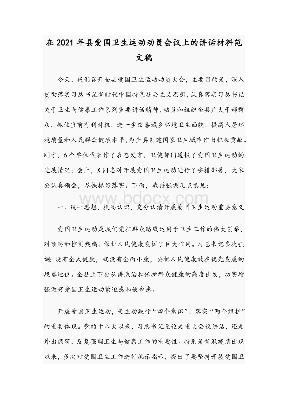 在2021年县爱国卫生运动动员会议上的讲话材料文稿Word文档格式.docx