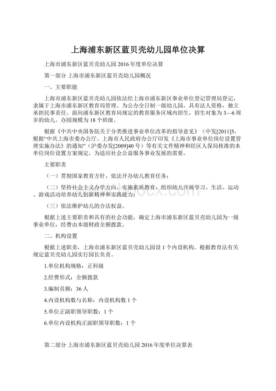 上海浦东新区蓝贝壳幼儿园单位决算Word文档格式.docx