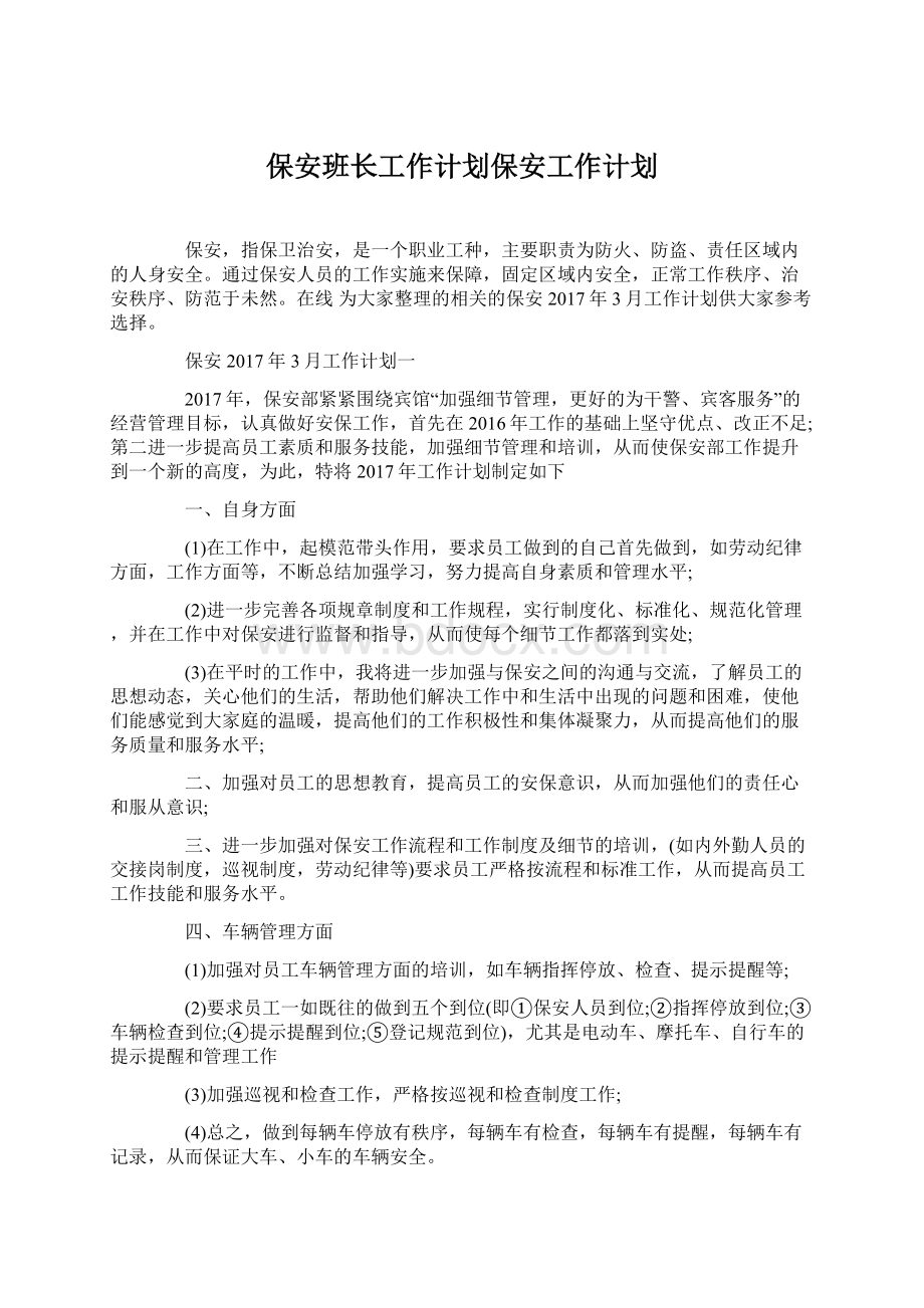 保安班长工作计划保安工作计划文档格式.docx