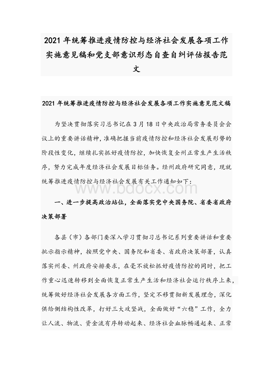 2021年统筹推进疫情防控与经济社会发展各项工作实施意见稿和党支部意识形态自查自纠评估报告范文Word格式.docx_第1页