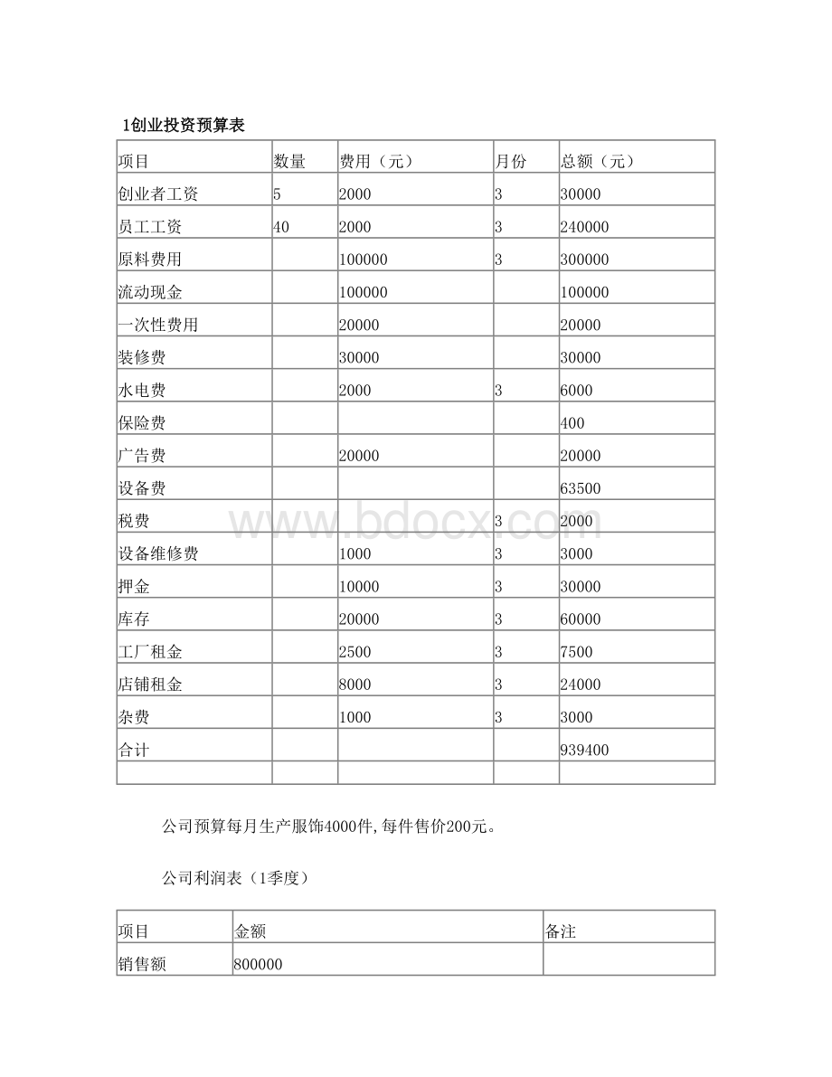 创业投资预算表Word格式.doc