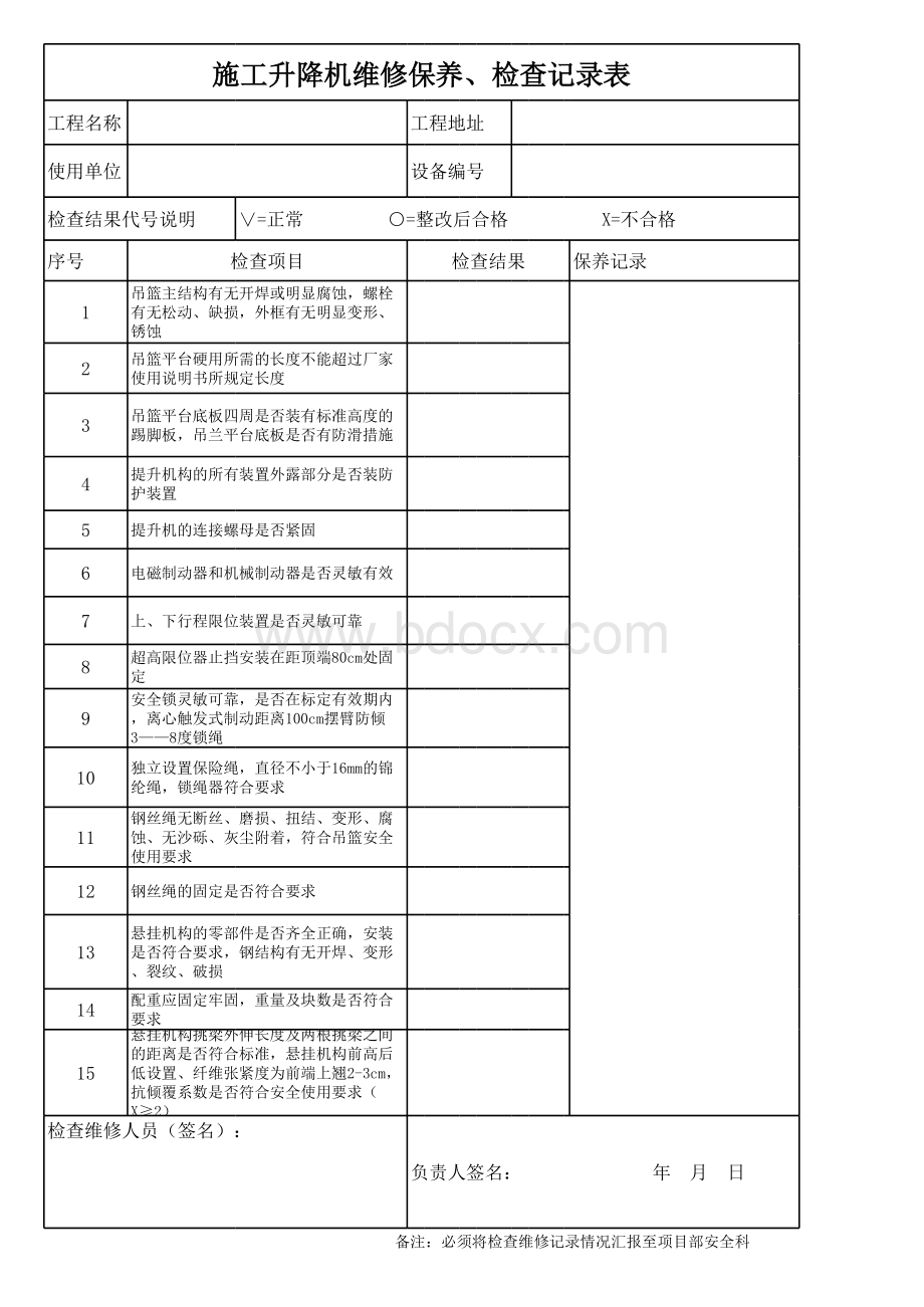 吊篮使用、维修保养、检查记录表表格文件下载.xls