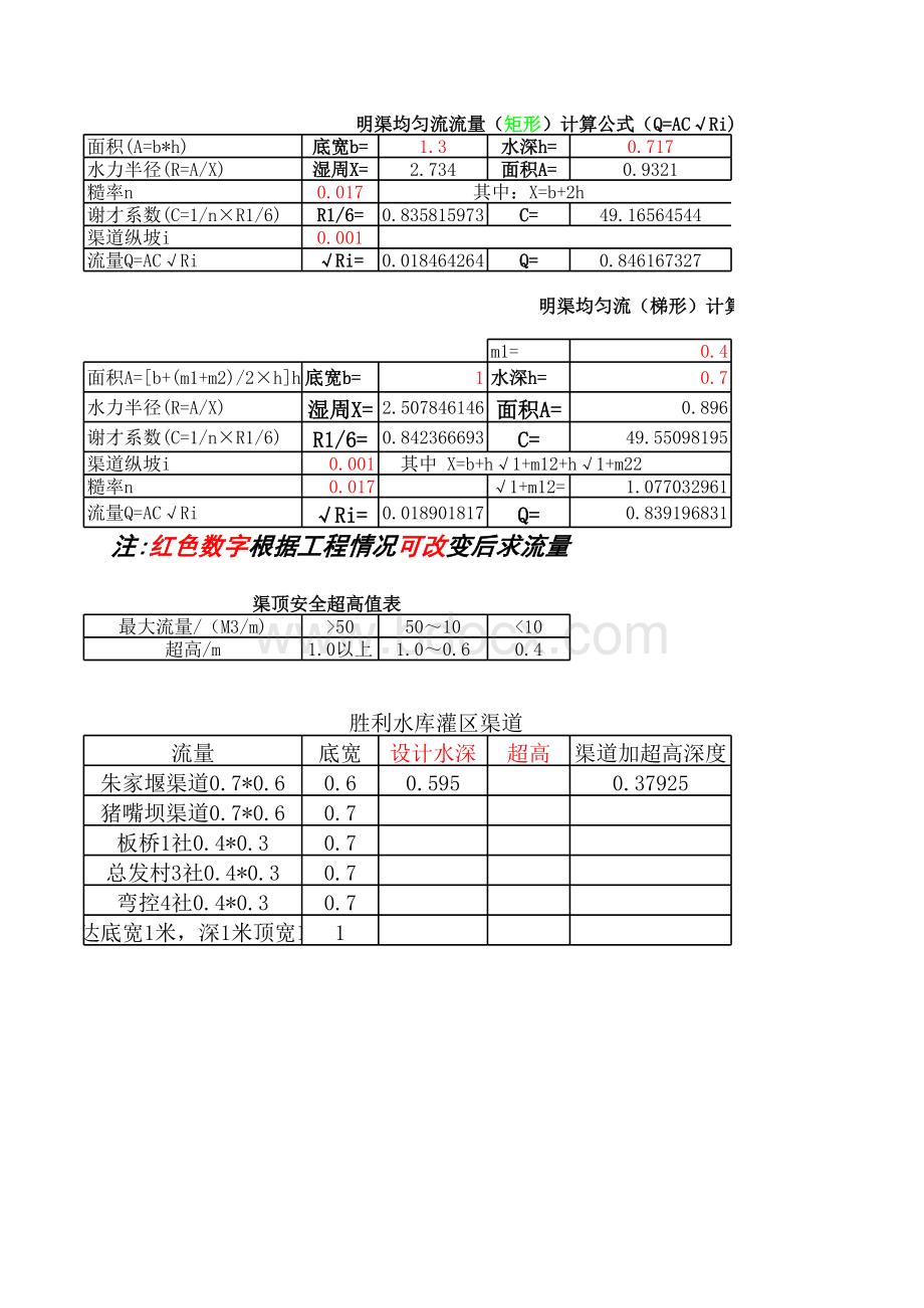 明渠均匀流计算公式表格文件下载.xls_第1页