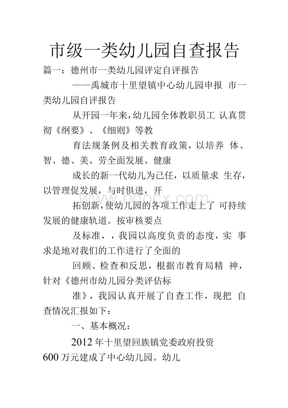 市级一类幼儿园自查报告Word文件下载.docx_第1页