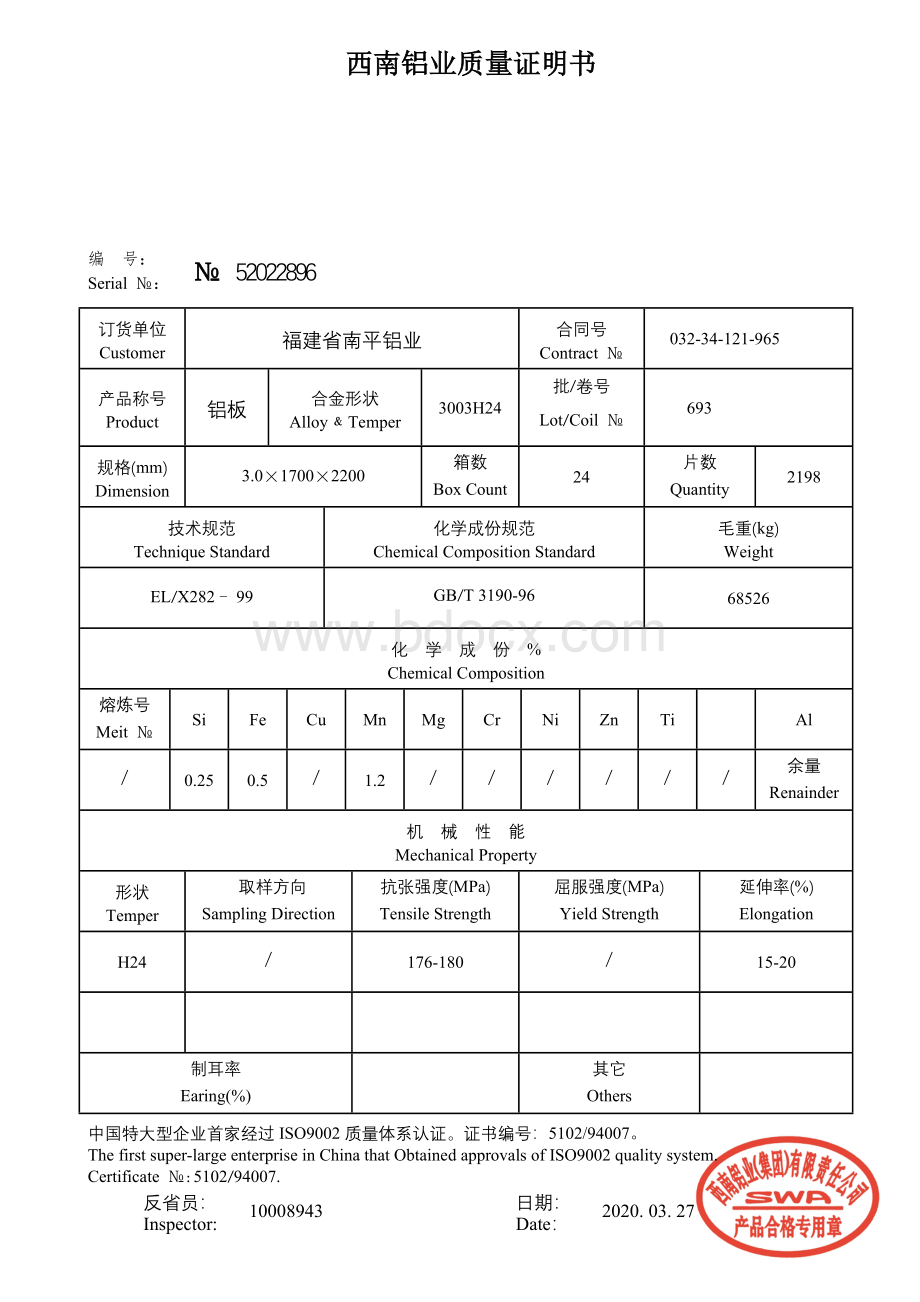 西南铝业质量证明书Word文档下载推荐.docx_第1页