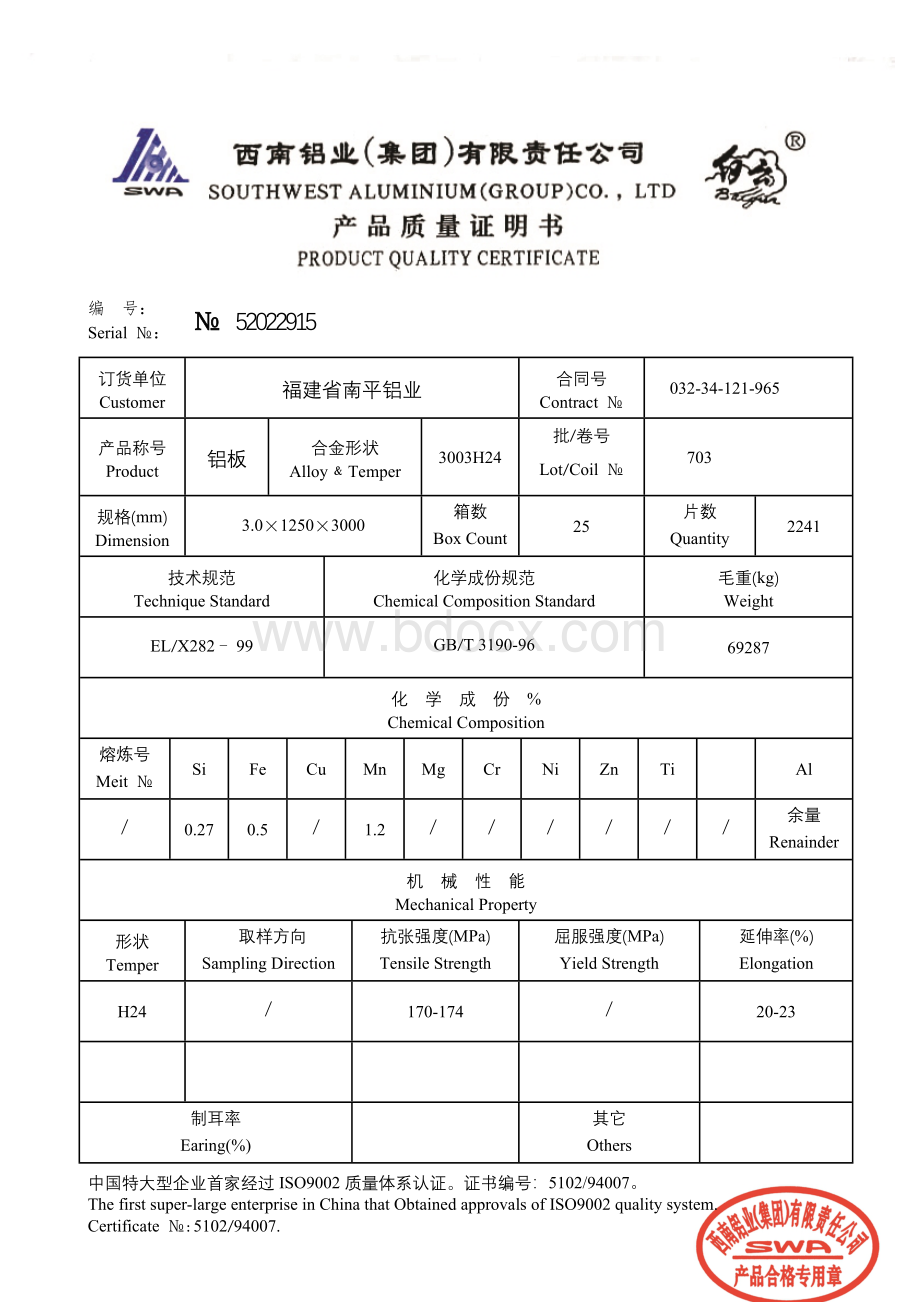 西南铝业质量证明书Word文档下载推荐.docx_第3页