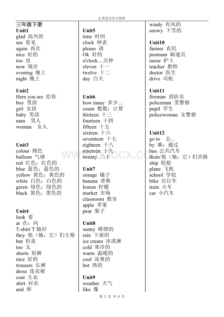 湘少版小升初单词汇总三到六年级(英语)Word文档格式.doc_第2页