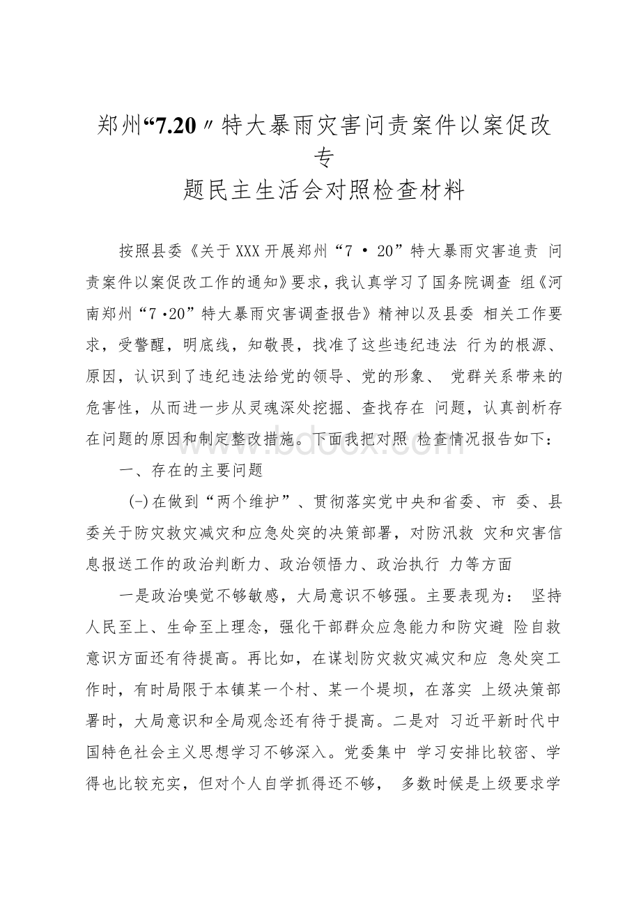 郑州“7.20”特大暴雨灾害问责案件以案促改专题民主生活会个人对照检查剖析材料.docx