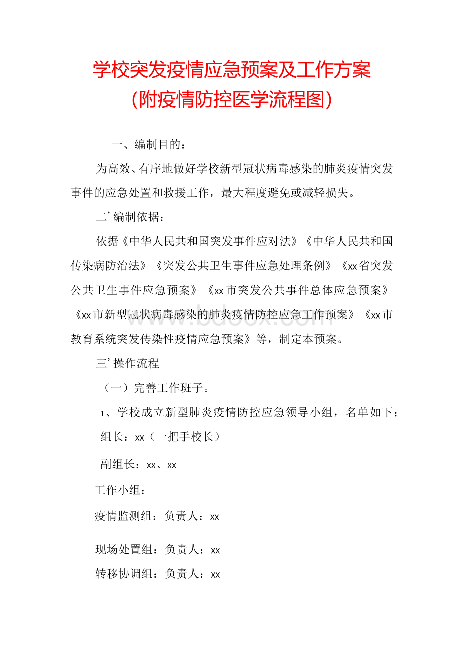 学校突发疫情应急预案及工作方案（附疫情防控医学流程图）Word文档格式.docx_第1页