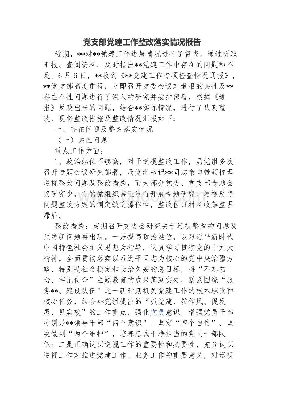 党支部党建工作整改落实情况报告Word文档格式.docx