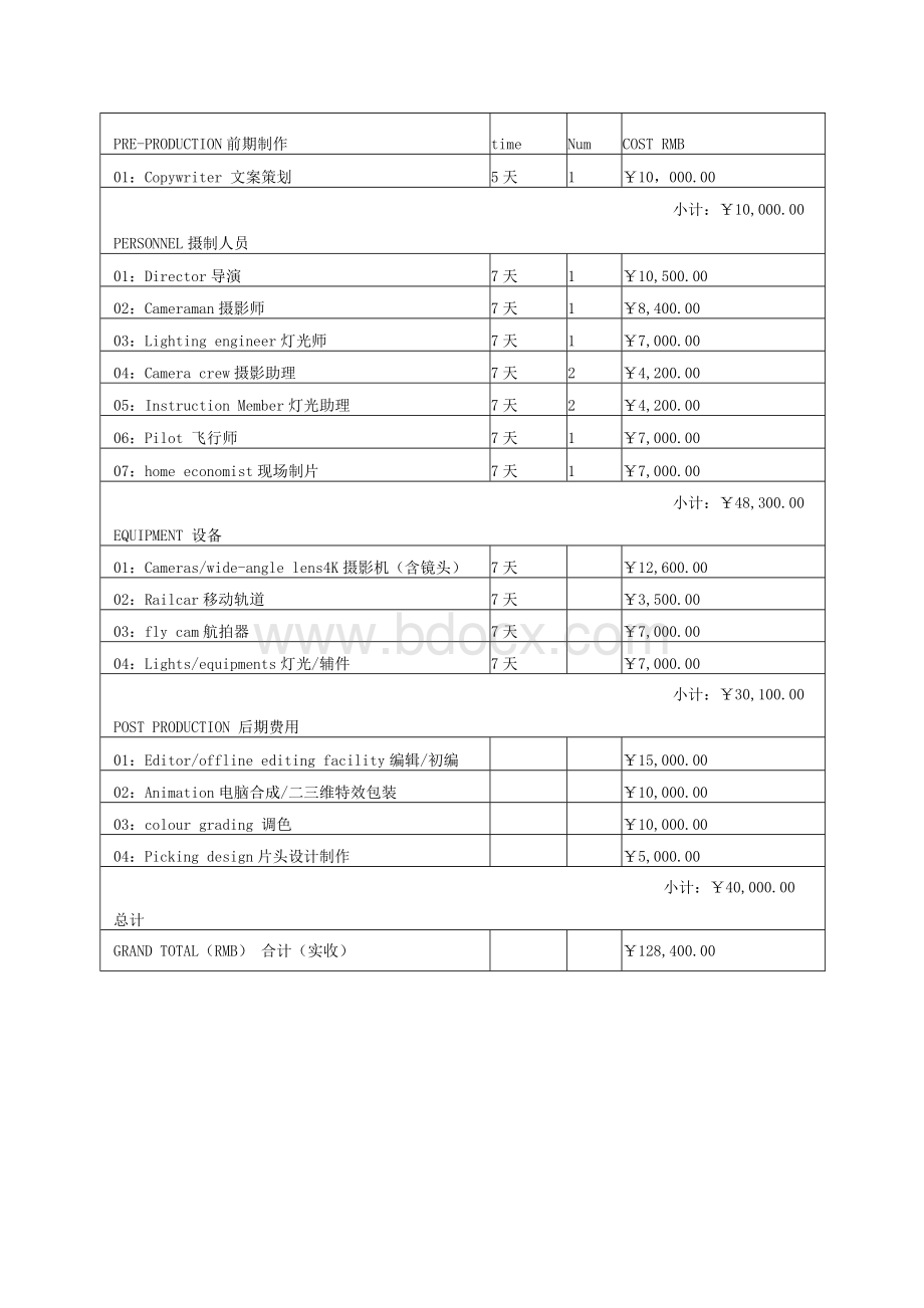 影视拍摄制作服务报价表模板.docx